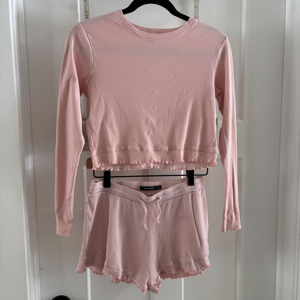 Threadbare Pink Ribbed Cropped Long Sleeve Top & Shorts Lounge Set Women's SZ‎ 4